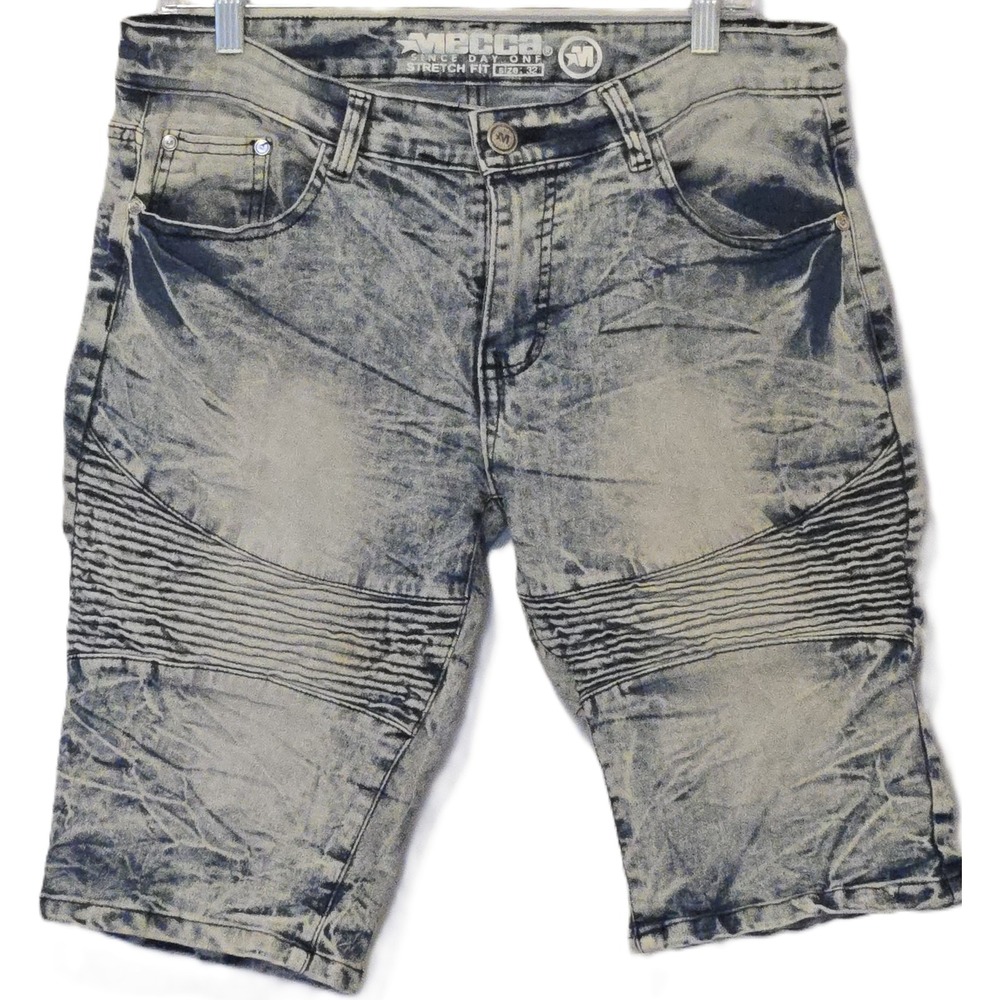 MBECCA Men's Denim Biker Shorts‎ Acid Wash Blue Moto Stretch Fit 32
